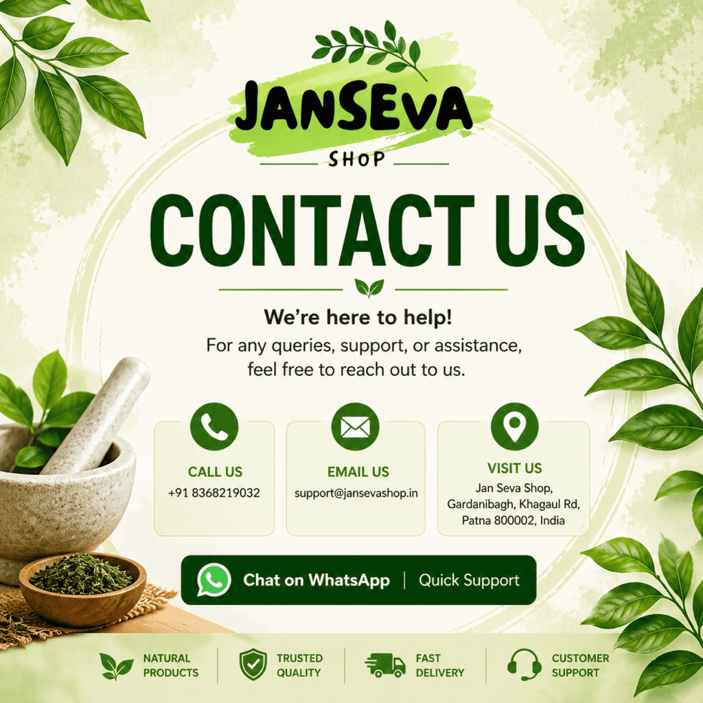 contact us Janseva Shop contact information with phone number +91 8368219032, email support@jansevashop.in, and address Jan Seva Shop, Gardanibagh, Khagaul Rd, Patna 800002, India, plus a WhatsApp chat option for quick support